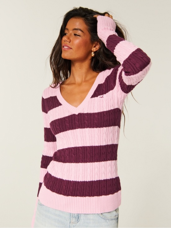 Hollister Sweaters - Hollister Ivy Cable-Knit V-Neck Long Sleeve Light Pink Stripe Sweater NWT Size M